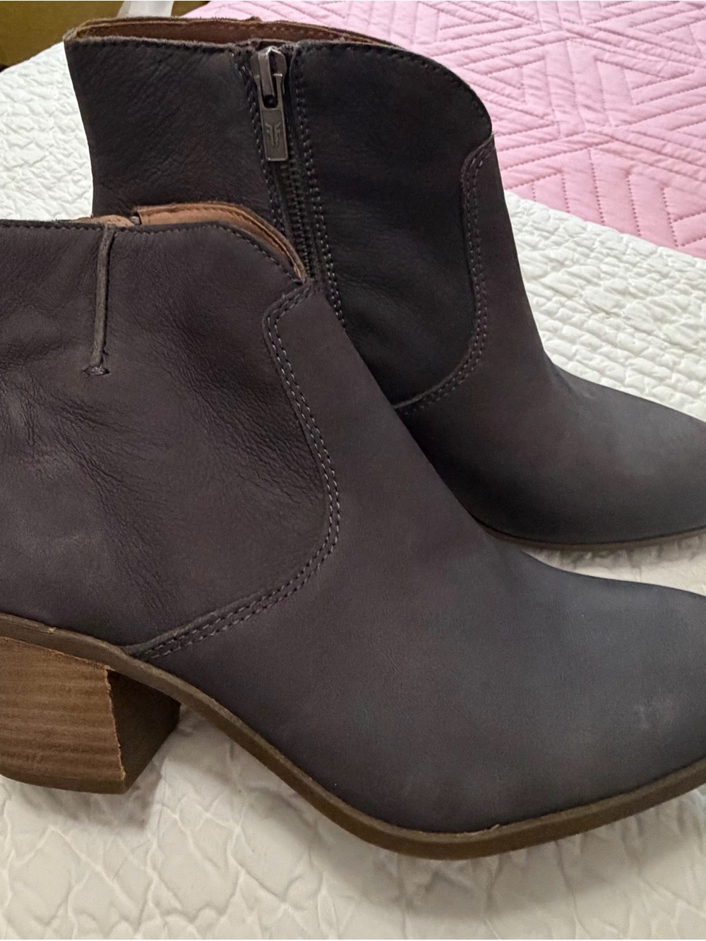 Frye Dark Gray Leather Ankle Booties with Stacked Heel